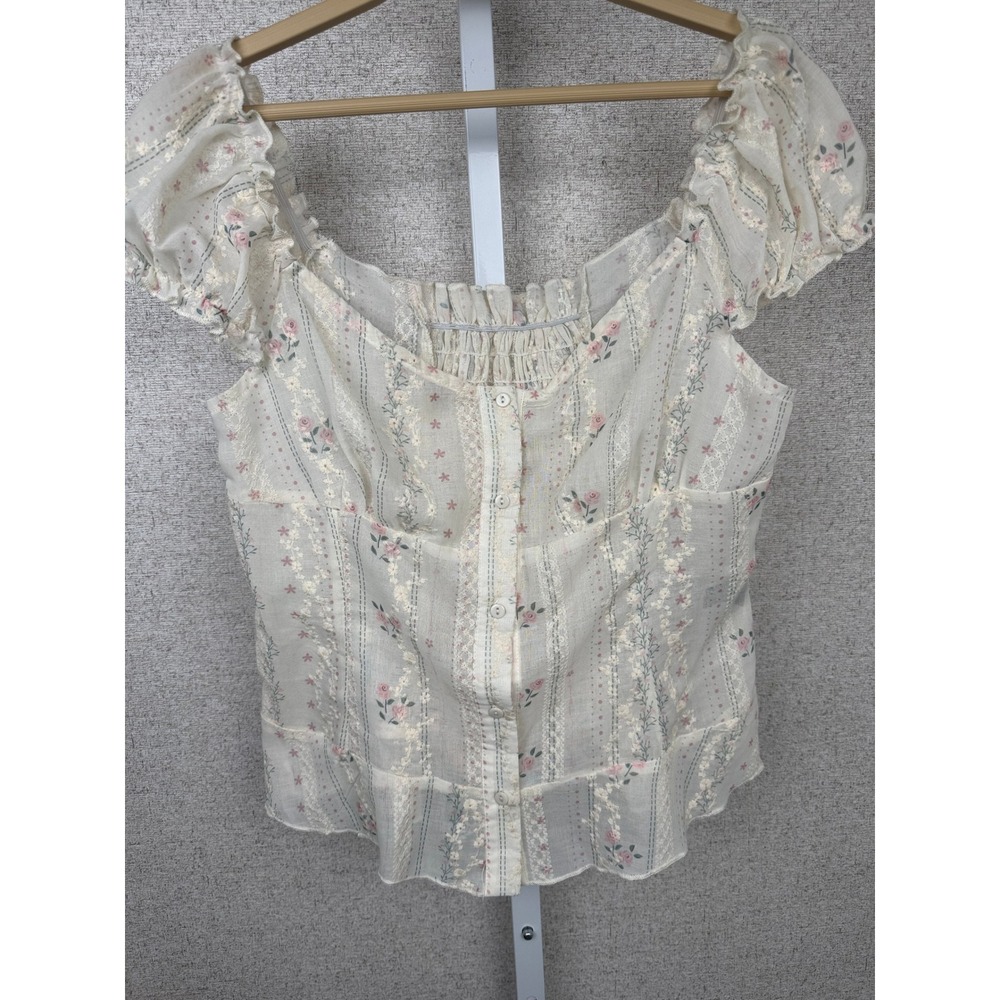Cottagecore Floral Milkmaid Corset Blouse — M (US 6) — Cream with Pink Roses